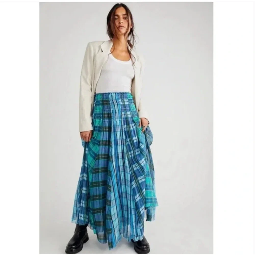 Free People Lausanne Convertible Maxi Skirt Dress Plaid Blue Small NEW